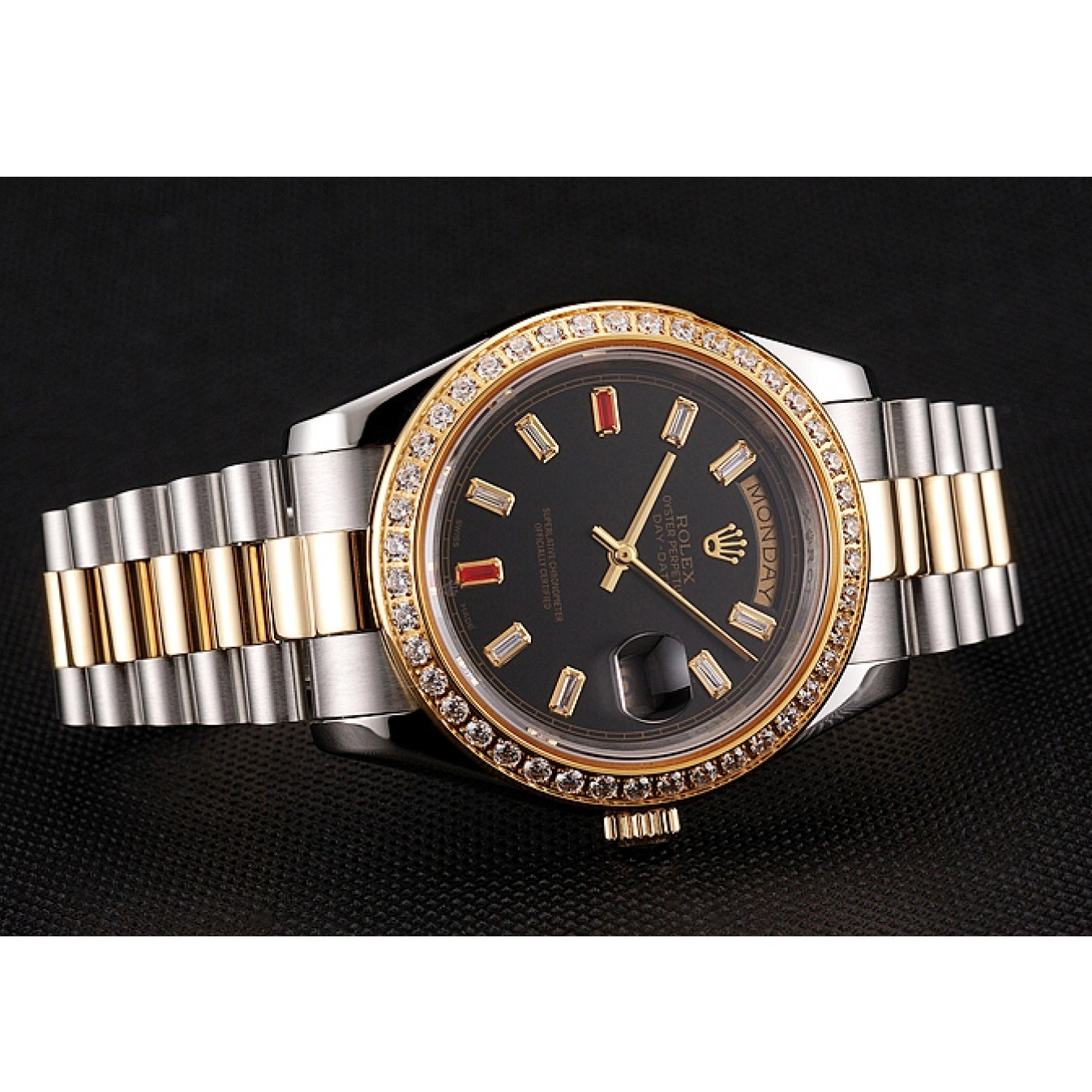 Aaa replica watch Day-Date Dial Two Swiss Black Diamonds And Bracelet Rubies 1454105 Rolex Tone 0803